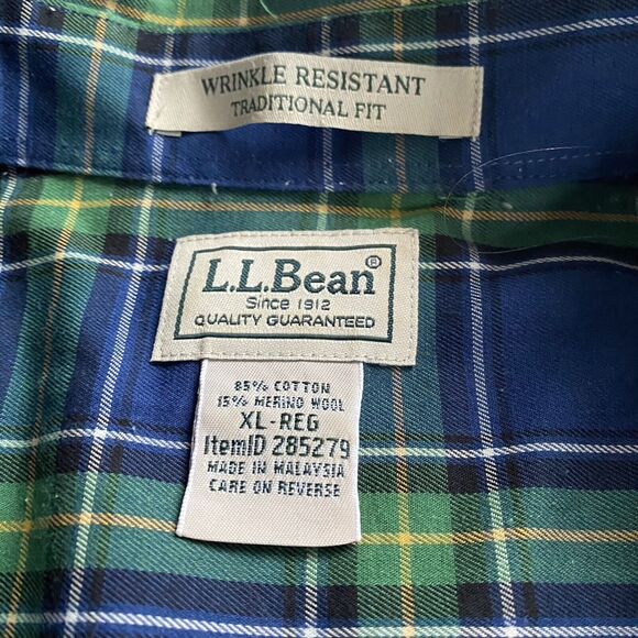 L.L. Bean Shirt Mens Size XL Blue Green Plaid Button Up Wrinkle Resistant Preppy - Picture 6 of 7